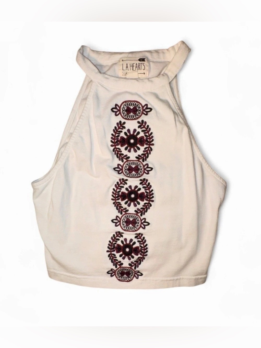 LA Hearts Women's White Embroidered High Neck Halter Crop Top XS